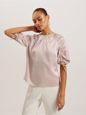 Ted Baker London Mayiann Puff Sleeve Satin Blouse Pink Size Medium NWT